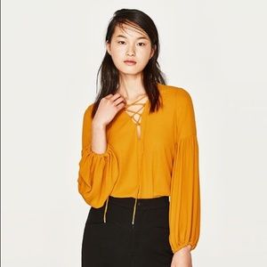 ZARA Lace-up bodysuit.  Mustard. Size S.